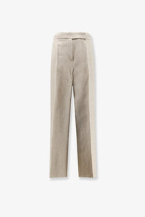 Beige linen max mara women’s ginnico trousers with subtle vertical stripe pattern and tailored fit