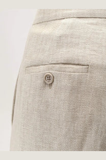 Beige linen ginnico trousers by max mara showing the back with subtle woven texture and single button pocket closure