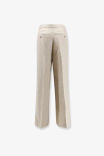Beige max mara women’s linen ginnico trousers back side with wide-leg cut textured fabric and metallic button pockets