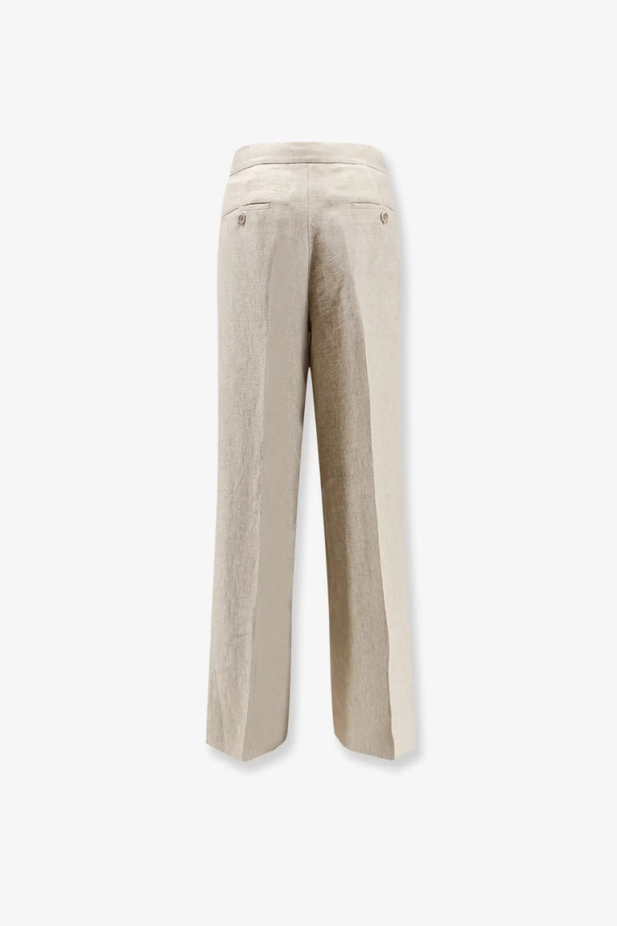 Back view of max mara women’s linen ginnico trousers in beige with wide legs textured fabric and two back pockets with buttons