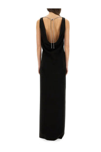 Max Mara women’s black satin long dress with deep back cutout and silver toned tie back detail shown from the back