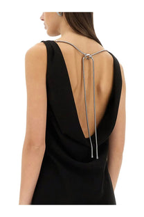 Max Mara women’s long black sleeveless dress with deep back cutout and silver chain detailing at the neckline back view