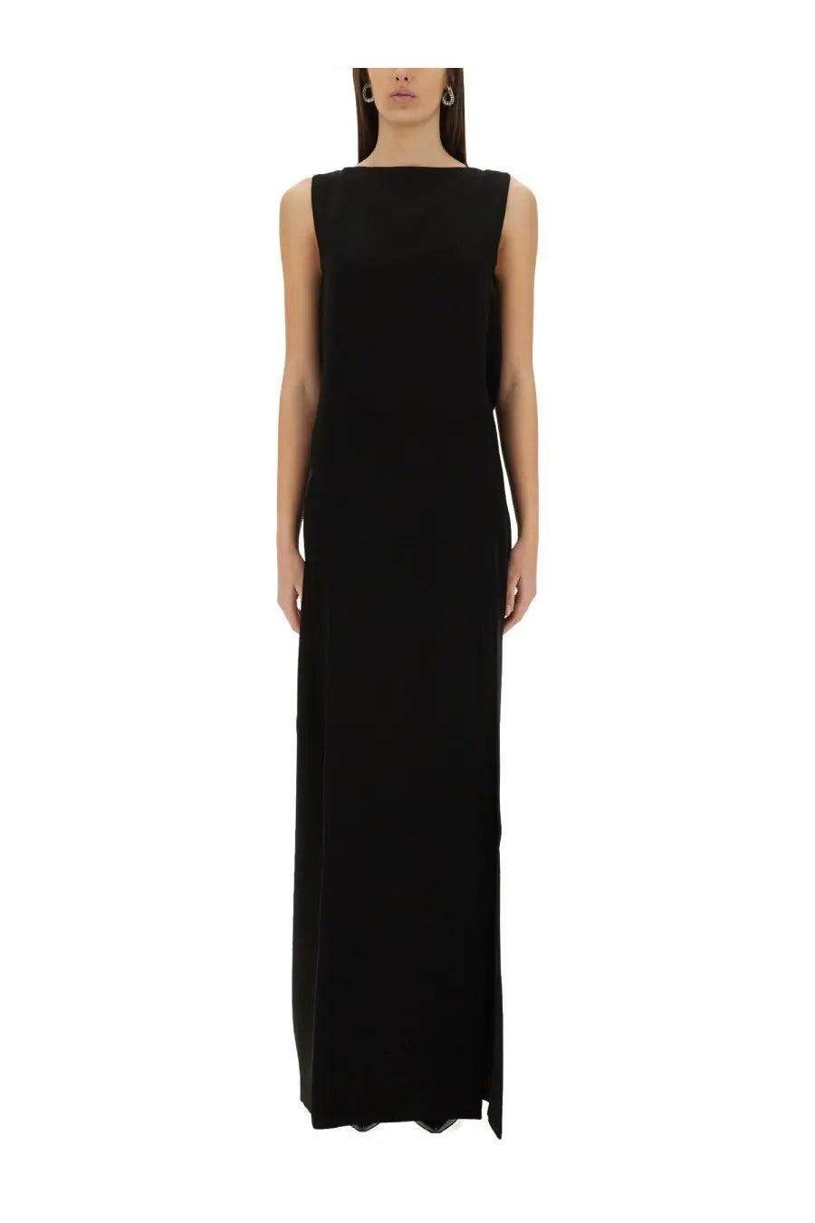 Max Mara women’s long black sleeveless dress with a simple elegant design perfect for formal occasions