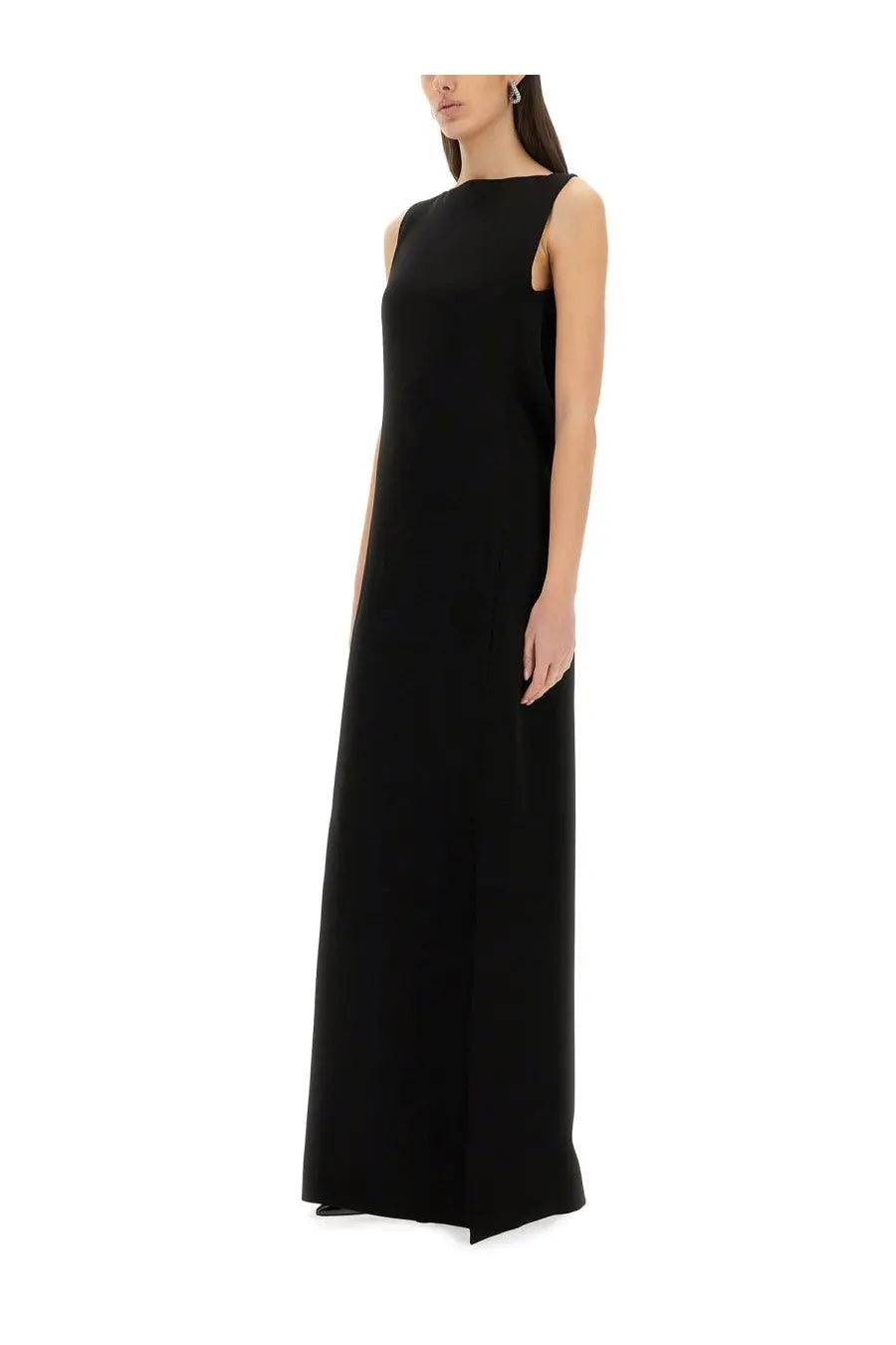 Max Mara women’s black sleeveless maxi dress with high neckline and subtle shoulder cutout details