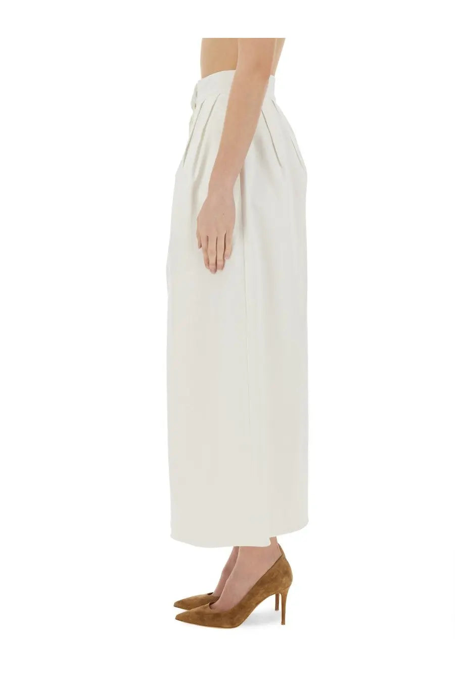 Max mara women’s cream-colored high-waisted wide-leg trousers with pleated front and smooth flowing fabric