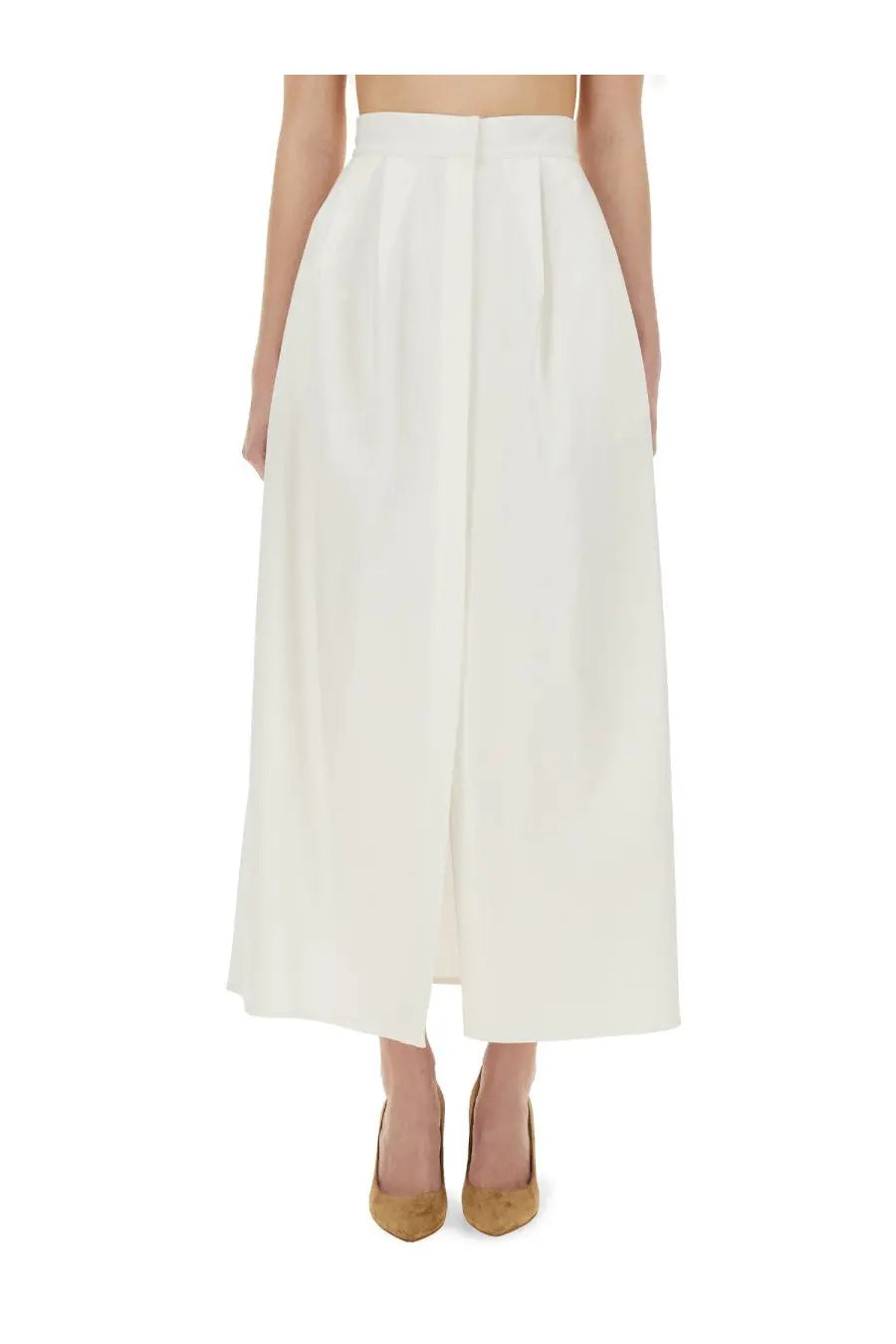 Max Mara women’s white high-waisted pleated midi skirt with a straight cut and front slit Alcade1234