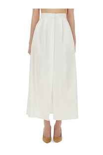 Max Mara women’s white high-waisted pleated midi skirt with a straight cut and front slit Alcade1234