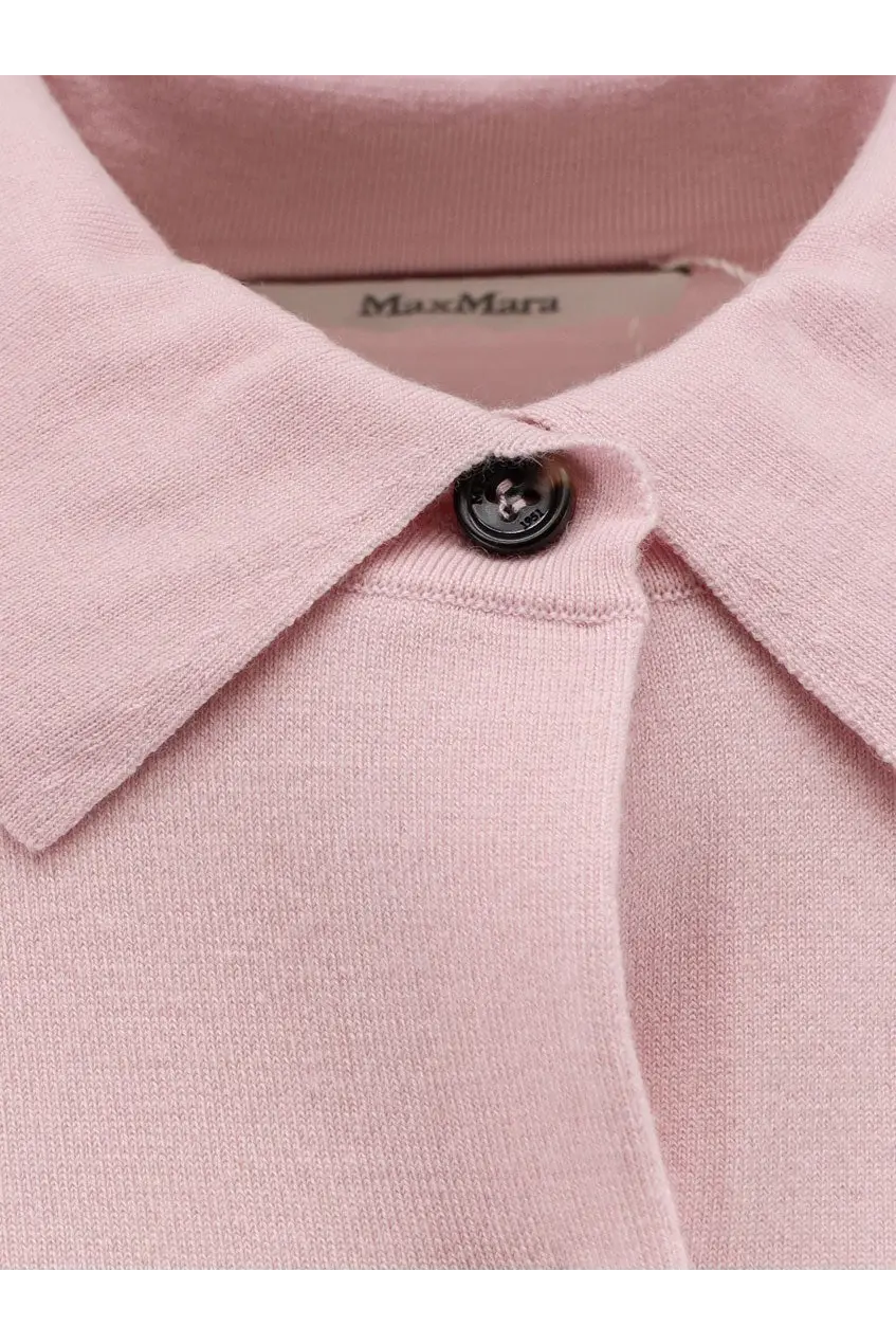 Max Mara women’s Medeola wool blend cardigan in soft pink knitted fabric with a classic collar and black button