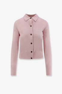 Max Mara women’s Medeola wool blend cardigan pink soft long-sleeved cropped with classic collar and dark buttons