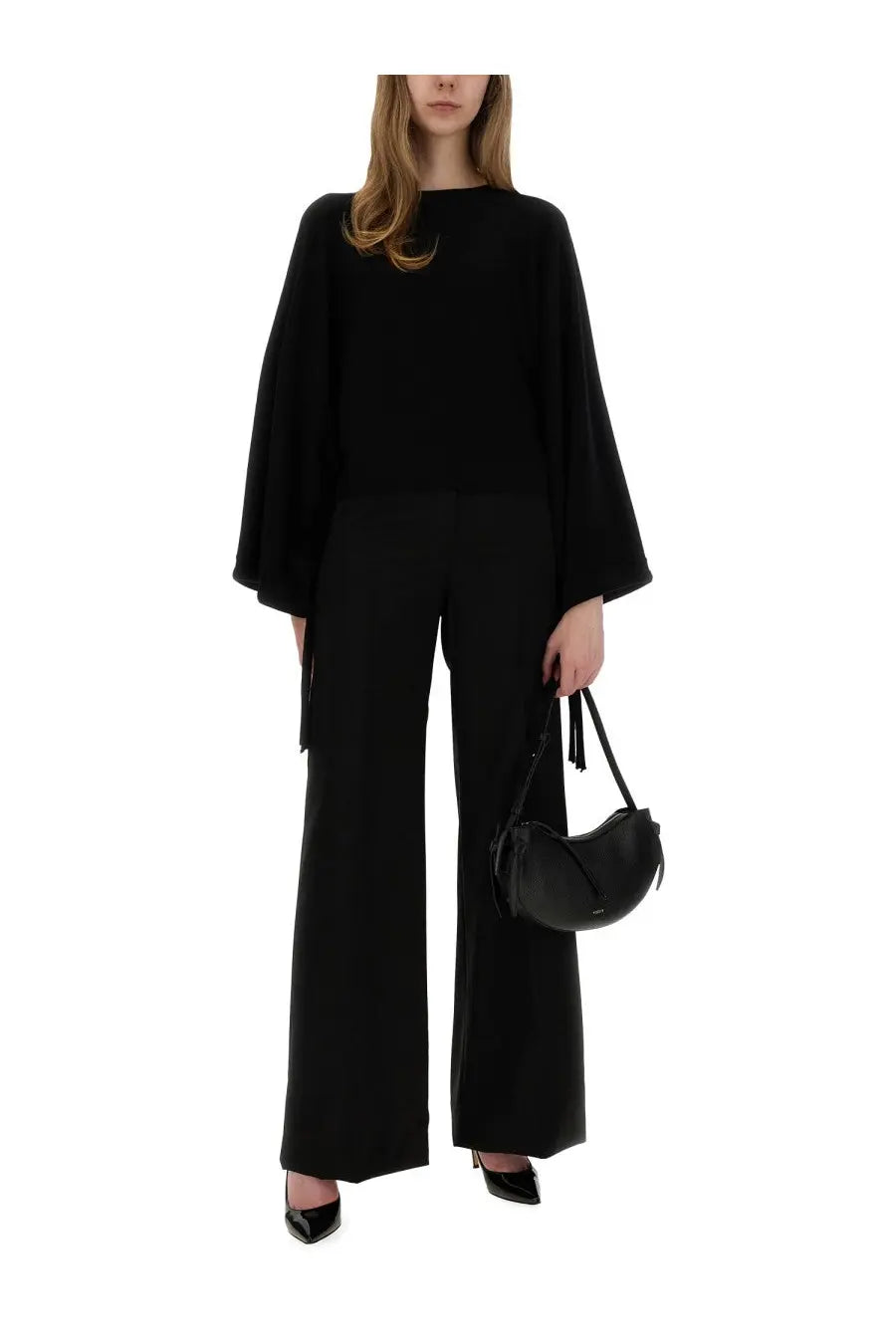 Max mara women’s black leather crescent-shaped handbag with tassel details from the mesh fraias collection