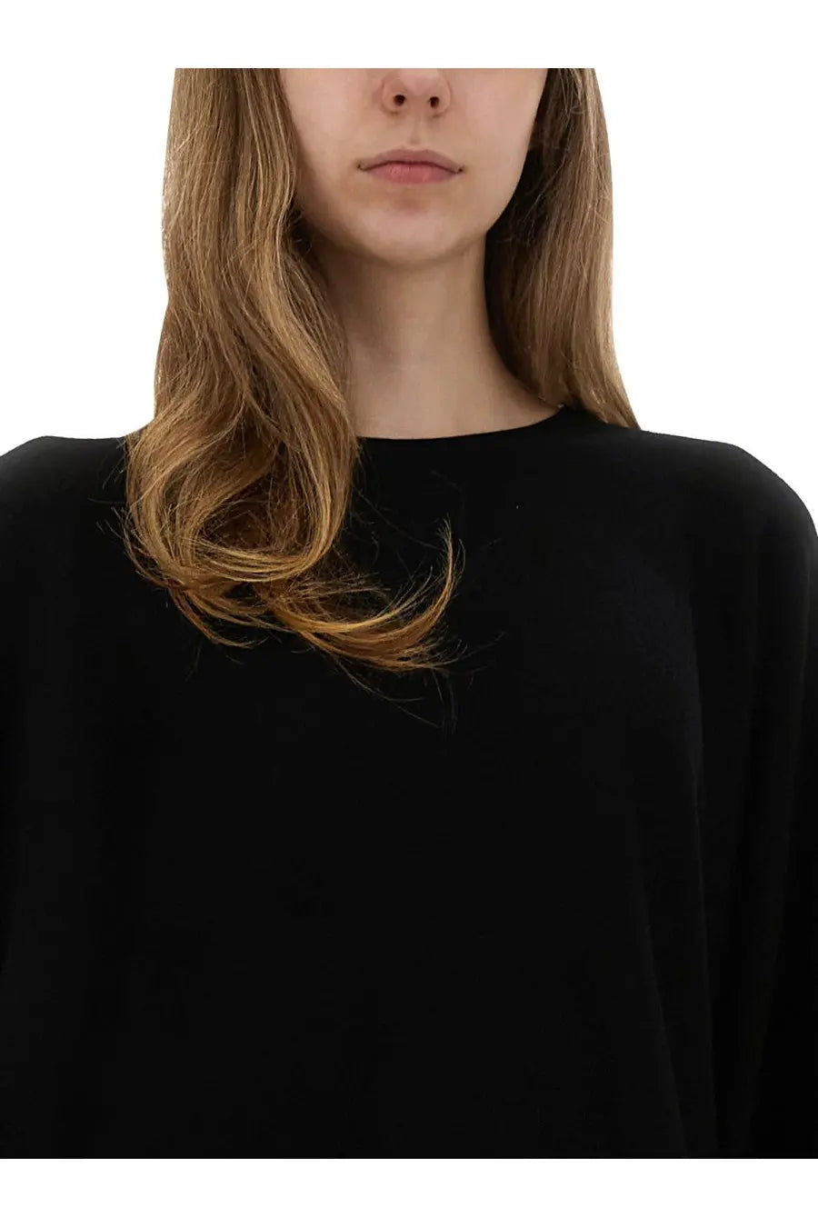 Max mara women’s mesh fraias black long-sleeved top with round neckline and soft flowing fabric front view