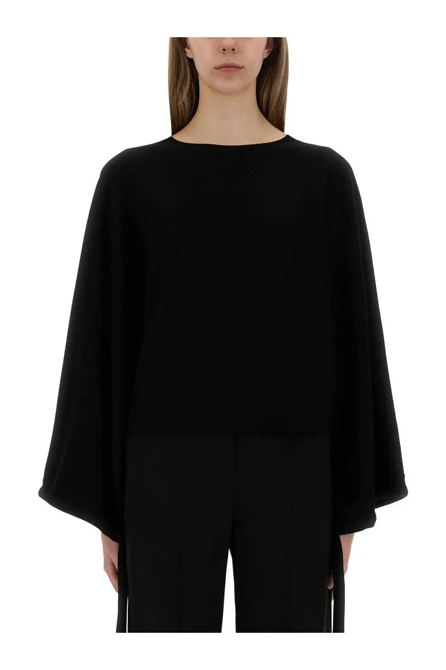 Max mara women’s mesh fraias black minimalist top with wide flowing sleeves and round neckline in lightweight fabric