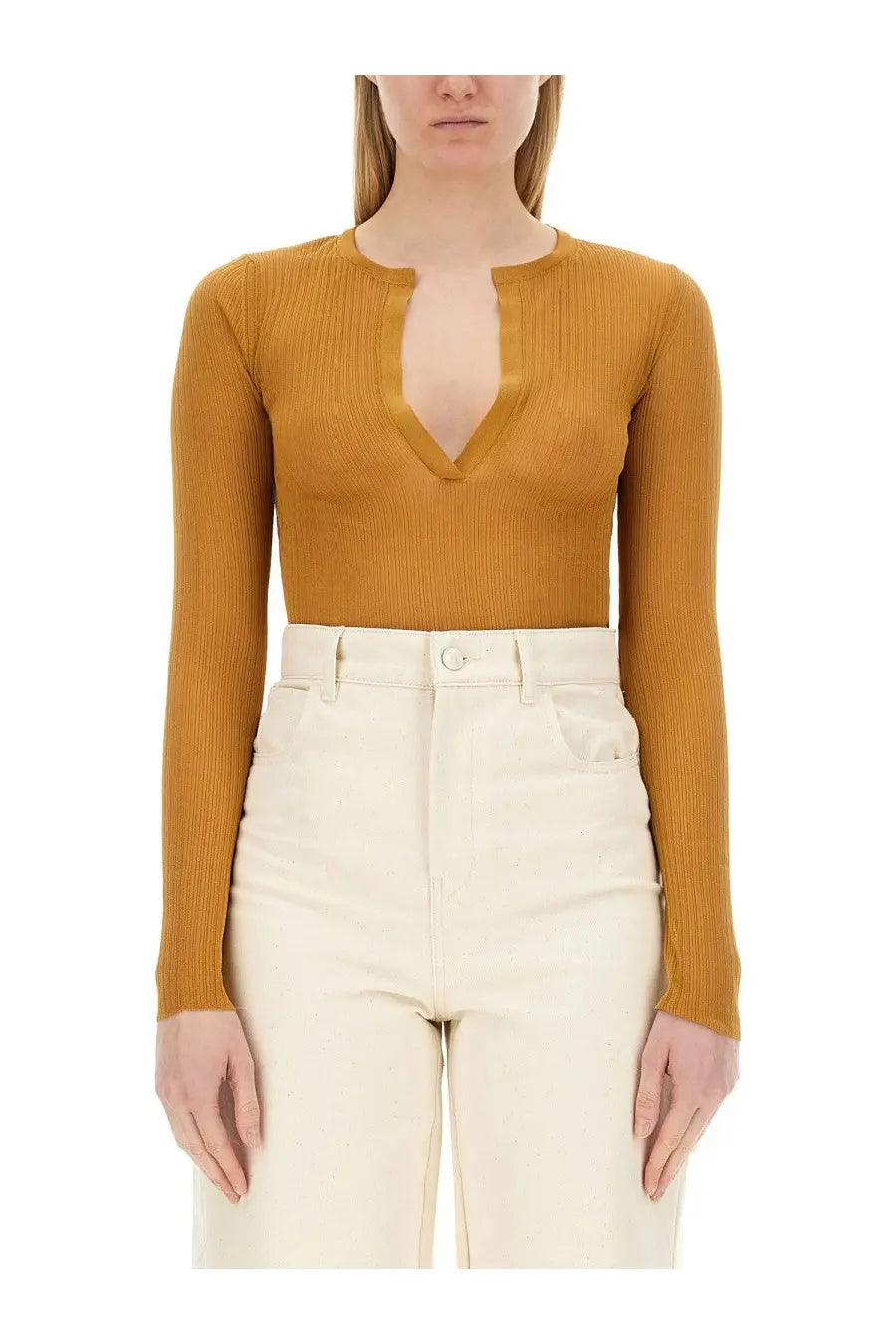 Max mara women’s mesh saggina beige mustard yellow ribbed long sleeve top with deep v neckline