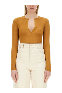 Max mara women’s mesh saggina beige mustard yellow ribbed long sleeve top with deep v neckline