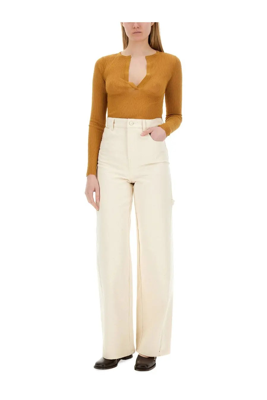Max Mara women’s mesh saggina beige high-waisted cream wide-leg trousers with tailored fit and subtle side slits