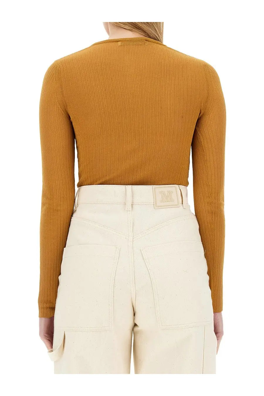 Max mara women’s mesh saggina beige ribbed mustard-yellow long-sleeved top with crew neckline