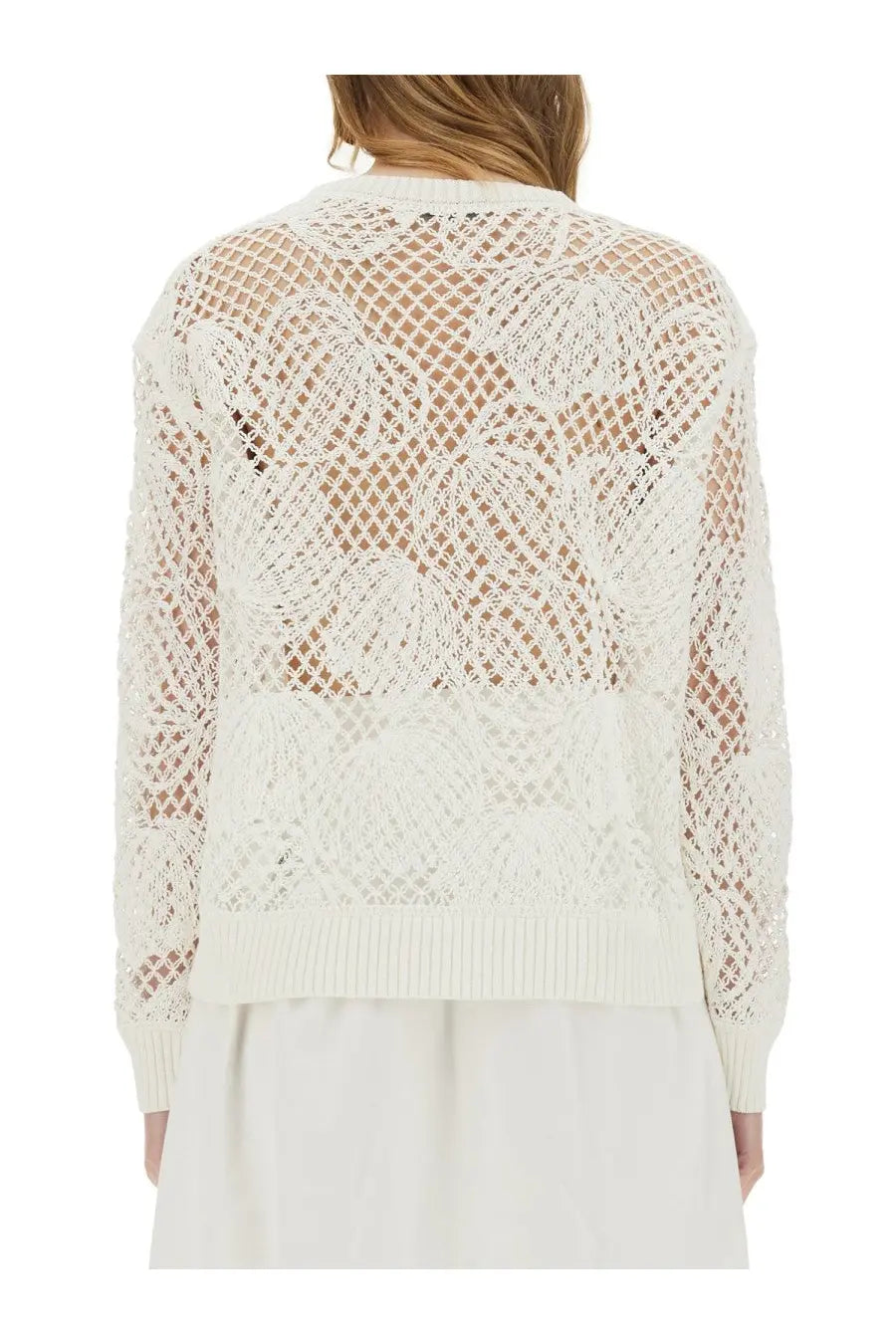 Max Mara women’s off-white knitted cardigan with intricate leaf-patterned mesh design and ribbed hem and cuffs