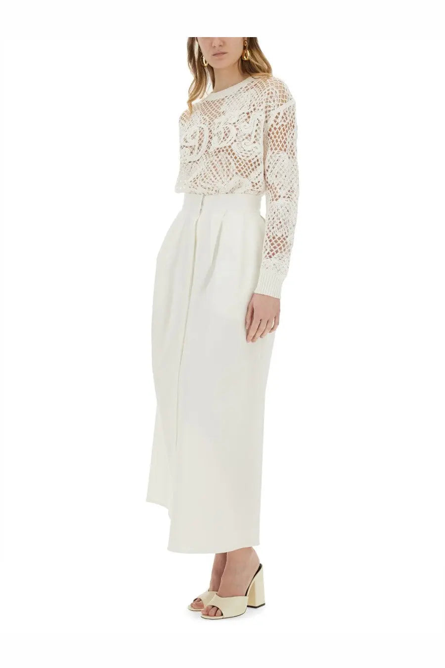Max Mara women’s white mesh top Farea featuring long sleeves lace with intricate floral patterns and high waistline