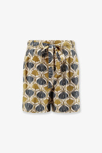 Beige Max Mara women’s Metello silk shorts with navy blue and gold leaf pattern and elastic waistband with drawstring