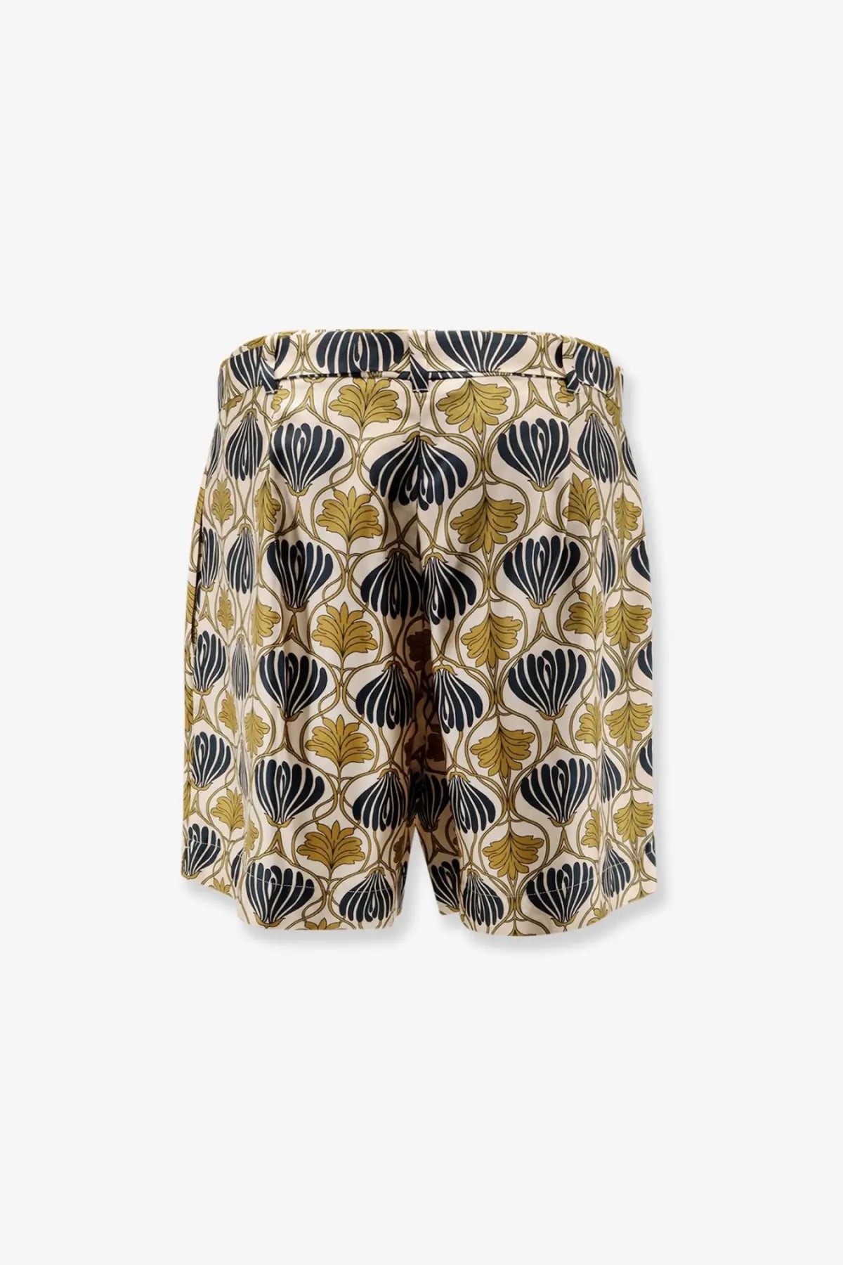 Beige max mara women’s metello multicolor silk shorts featuring a repeating pattern of black and gold leaf motifs