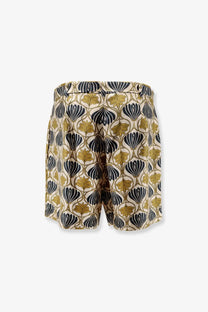 Beige max mara women’s metello multicolor silk shorts featuring a repeating pattern of black and gold leaf motifs
