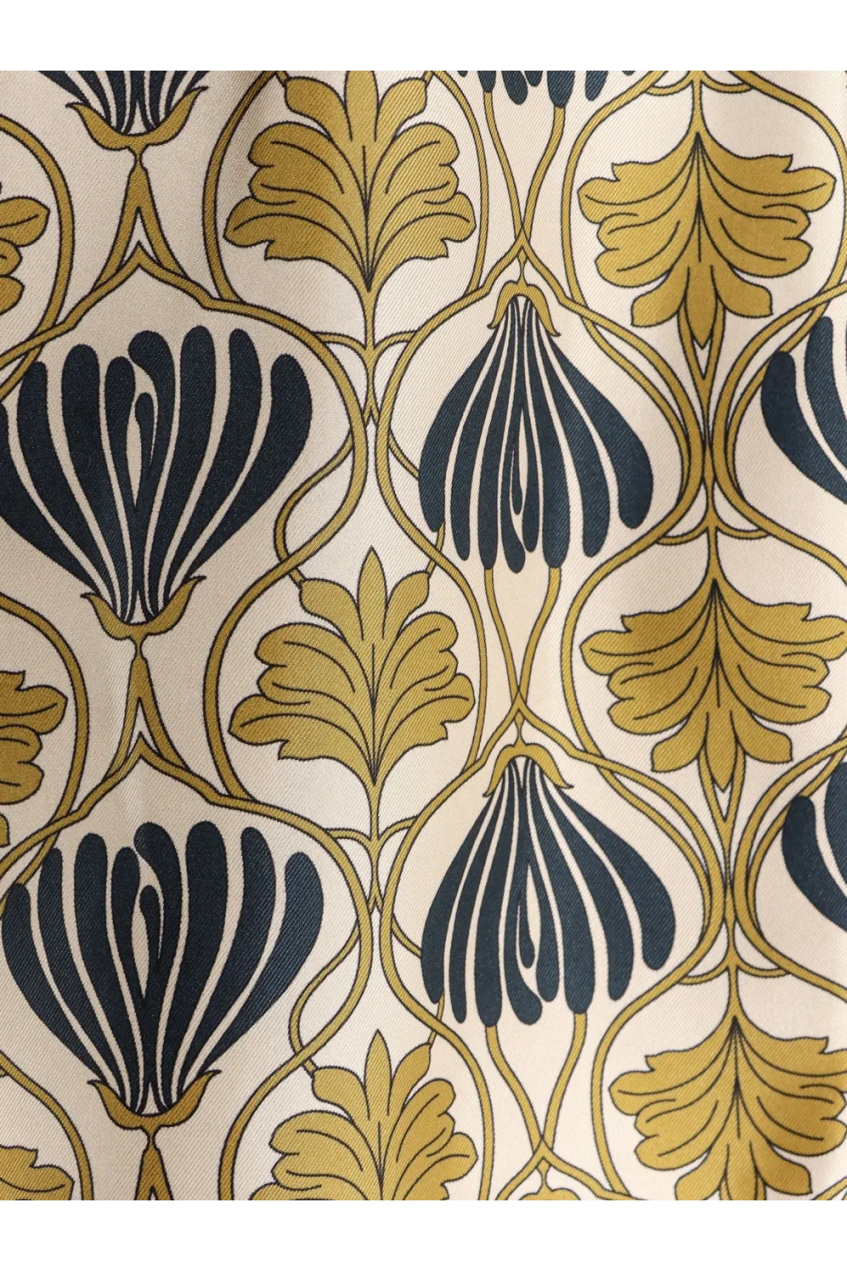 Max Mara women’s Metello multicolor silk shorts in yellow cream fabric with elegant navy blue and gold art nouveau leaf patterns