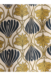 Max Mara women’s Metello multicolor silk shorts in yellow cream fabric with elegant navy blue and gold art nouveau leaf patterns