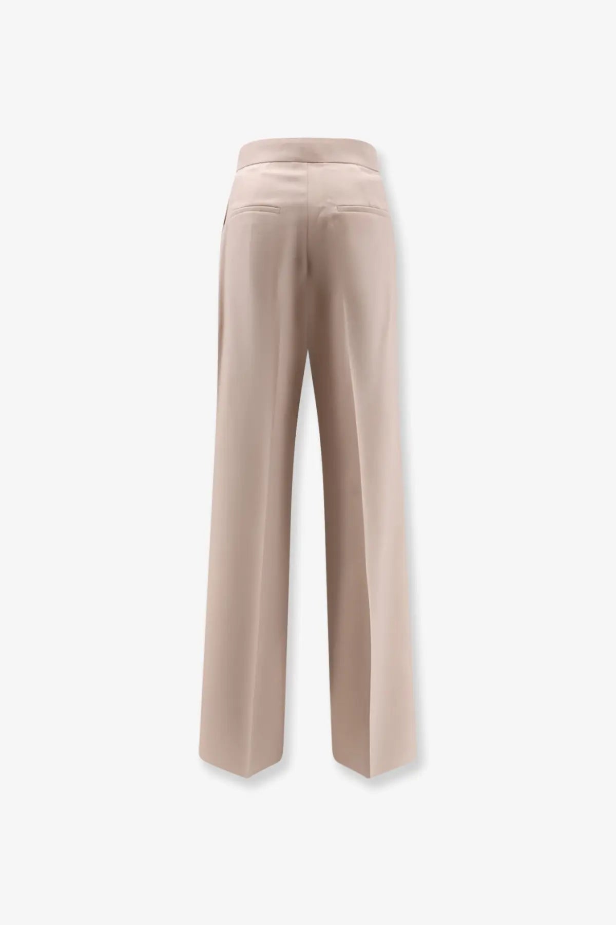 Beige wide-leg trousers with a sleek satin-like finish and subtle back pockets shown from the back side