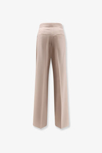 Beige wide-leg trousers with a sleek satin-like finish and subtle back pockets shown from the back side