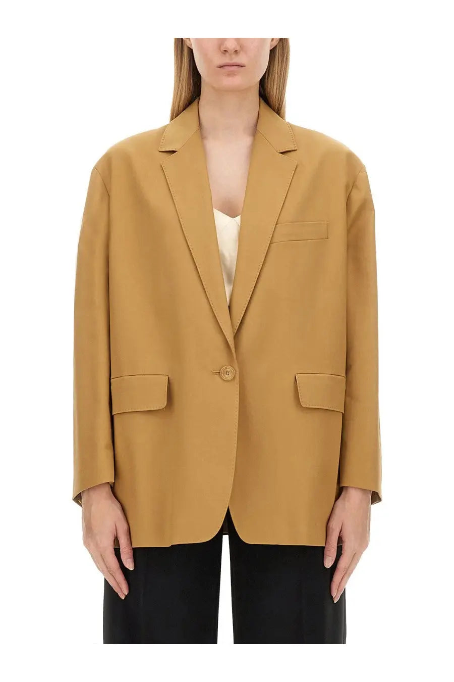 Max mara women’s monica jacket beige structured mustard yellow blazer with single button closure and flap pockets