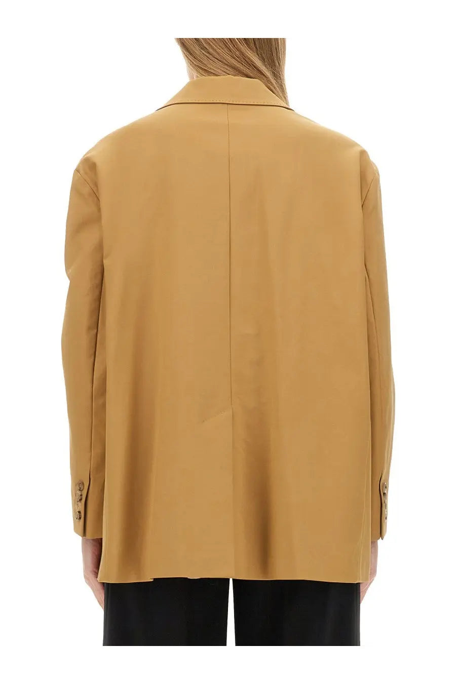 Back view of max mara women’s monica jacket beige structured mustard yellow blazer with clean seam and buttoned cuffs