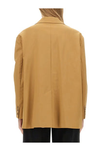 Back view of max mara women’s monica jacket beige structured mustard yellow blazer with clean seam and buttoned cuffs