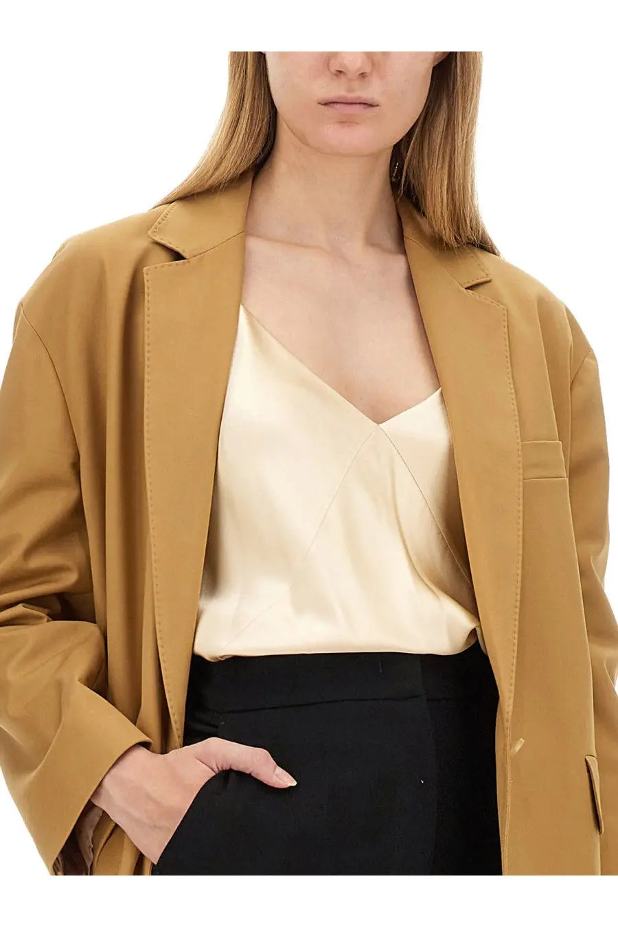 Max Mara Women’s Monica tan blazer with relaxed fit and structured lapels worn over cream satin camisole