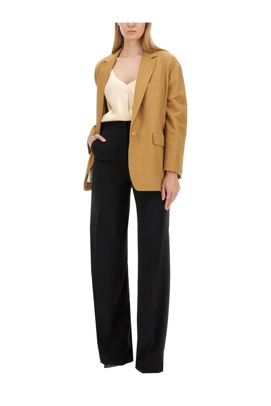 Tan Max Mara Monica jacket for women with single button closure and flap pockets in beige fabric