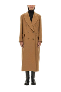 Max Mara women’s mushroom coat beige camel-colored double-breasted wool with gold-toned buttons and structured lapels