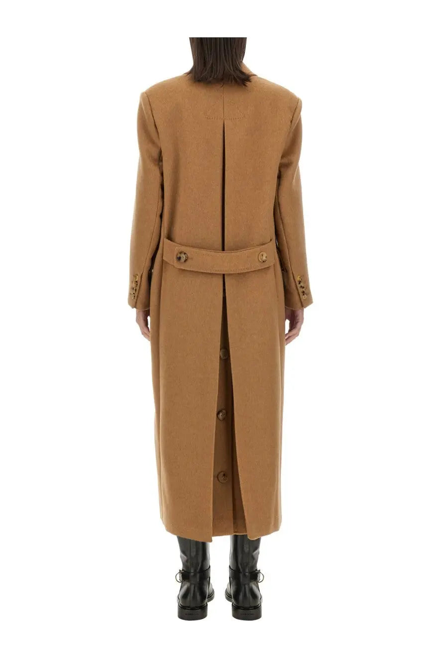 Max Mara women’s mushroom coat beige structured camel-colored wool with belted waist and matching buttons