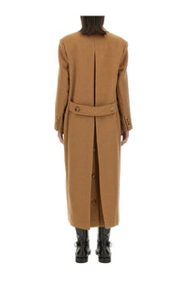 Max Mara women’s mushroom coat beige structured camel-colored wool with belted waist and matching buttons