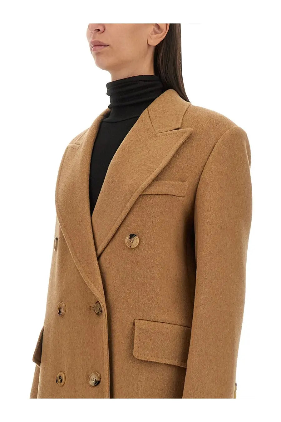 Tan wool double-breasted coat with matching buttons from max mara women’s mushroom coat beige collection