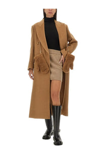 Max Mara women’s tan wool coat with fur-lined pockets and gold-tone hardware in beige mushroom color