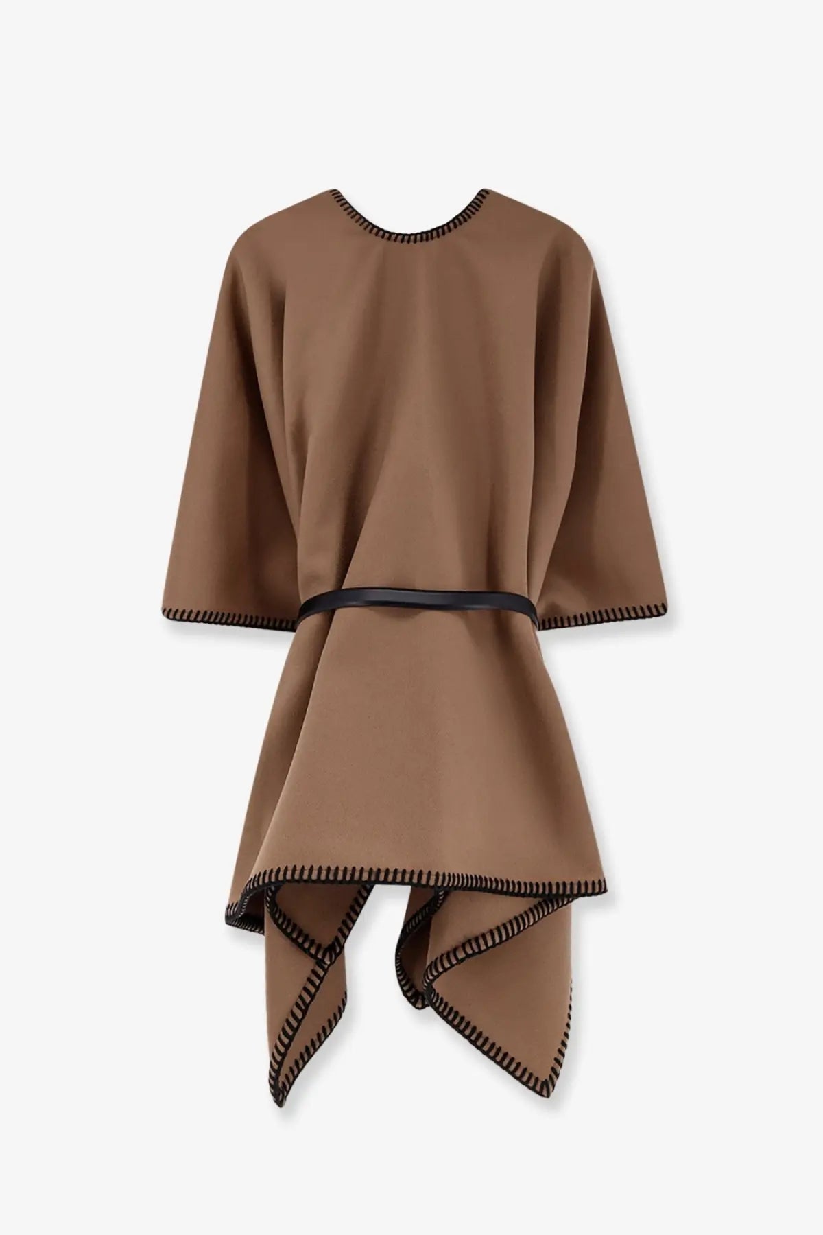 Max mara women’s mxacolomba brown virgin wool cape-style top with black stitched trim and matching belt