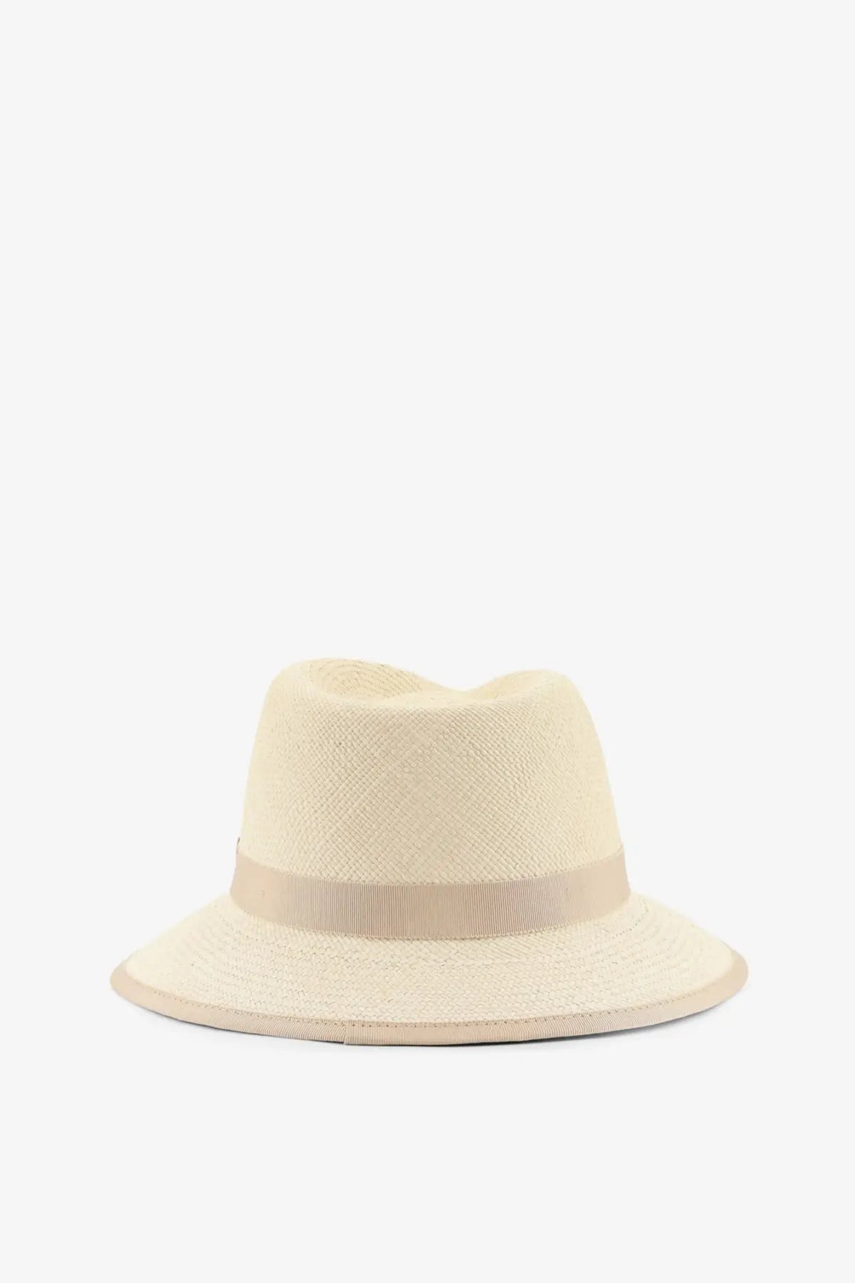Beige woven fedora hat with matching ribbon band made of panama straw from Max Mara womens Mxadolmen collection