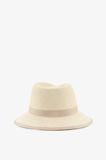 Beige woven fedora hat with matching ribbon band made of panama straw from Max Mara womens Mxadolmen collection