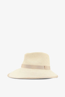 Max Mara women’s mxadolmen panama straw hat beige featuring a beige woven fedora with matching ribbon band