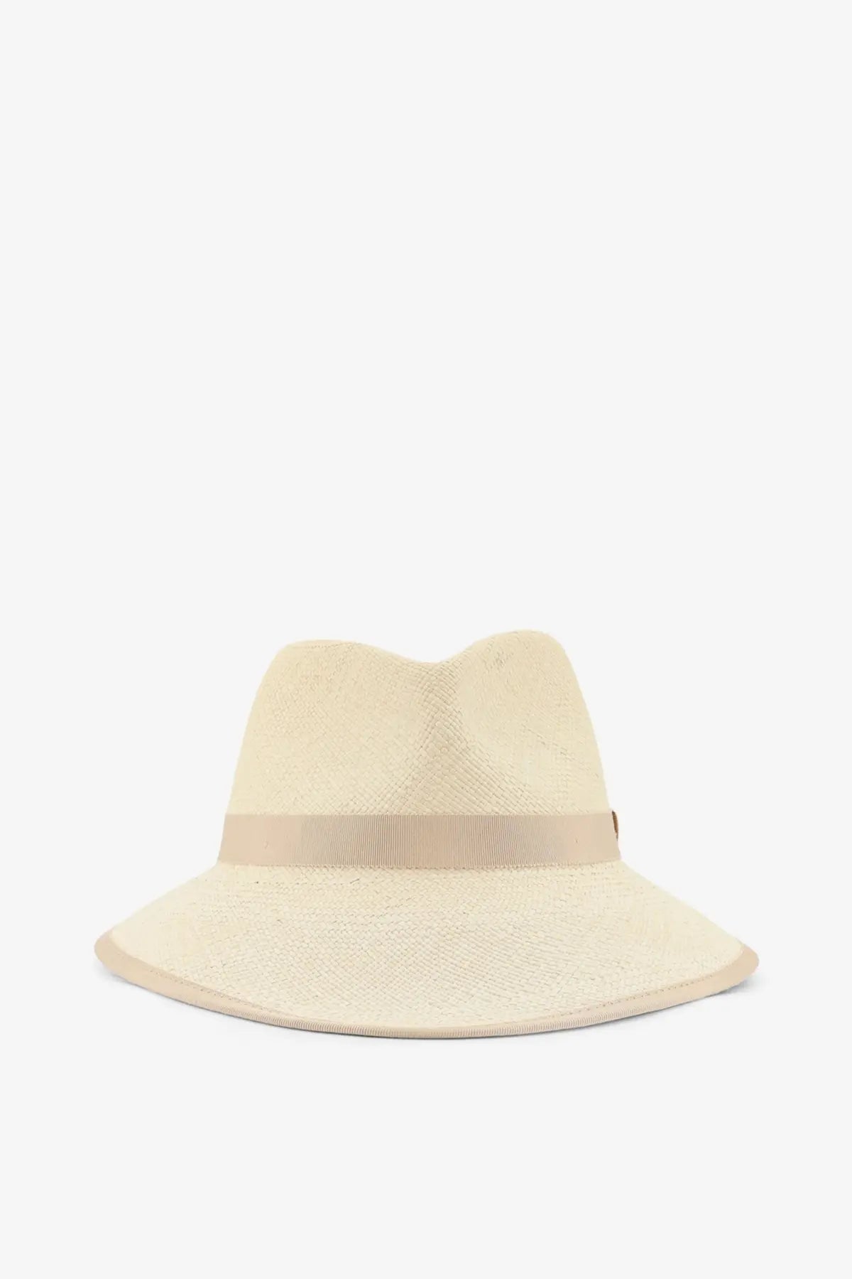 Beige woven panama straw fedora hat with matching ribbon band by Max Mara for women