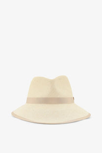 Beige woven panama straw fedora hat with matching ribbon band by Max Mara for women