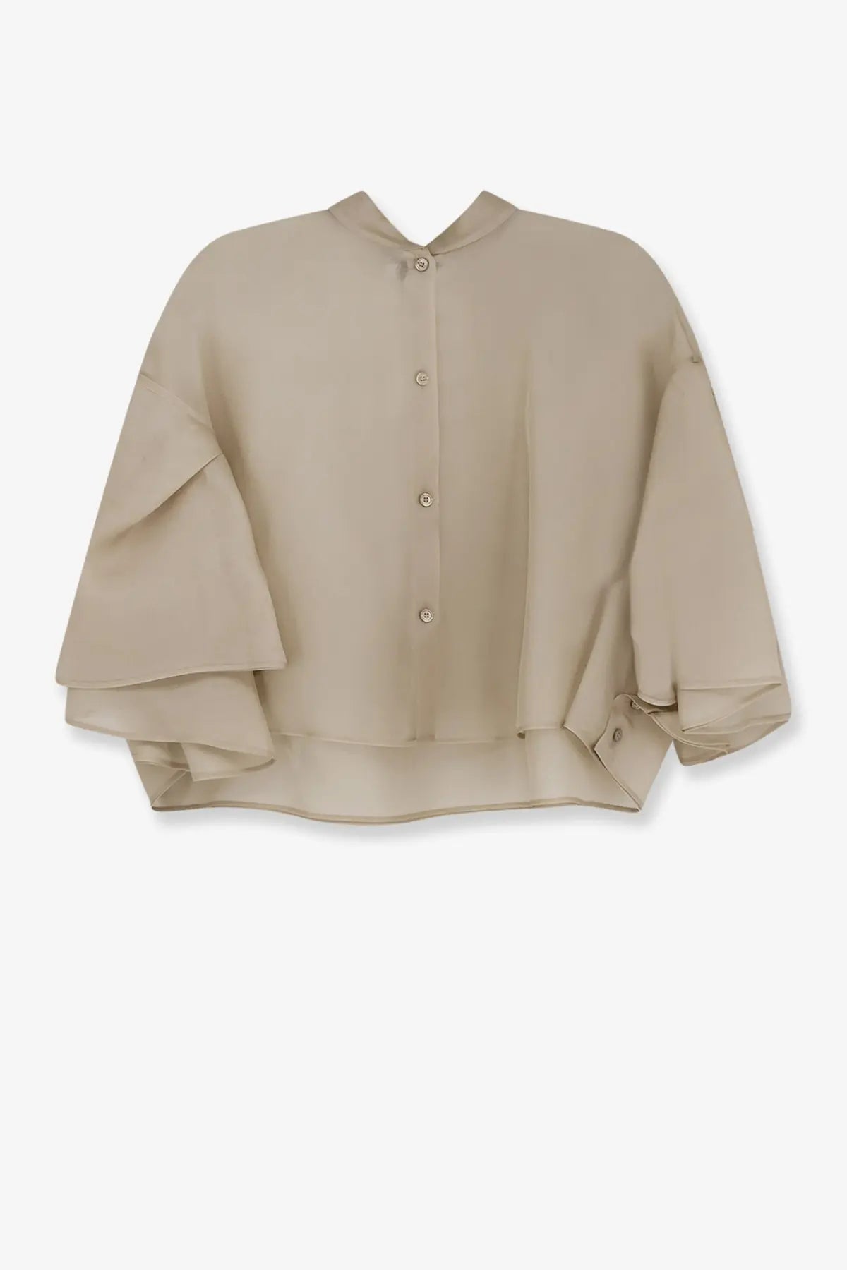 Beige silk blouse with ruffled sleeves and button down front from Max Mara women’s Mxadonna silk shirt collection
