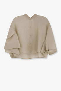 Beige silk blouse with ruffled sleeves and button down front from Max Mara women’s Mxadonna silk shirt collection
