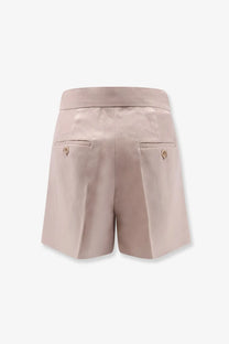 Beige satin high-waisted max mara women’s mxaerosi silk shorts with buttoned back pockets shown from the back