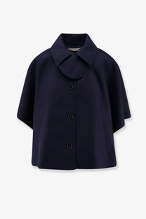 Max Mara women’s Mxapaggio navy blue cotton cape-style coat with structured collar and three black buttons down front