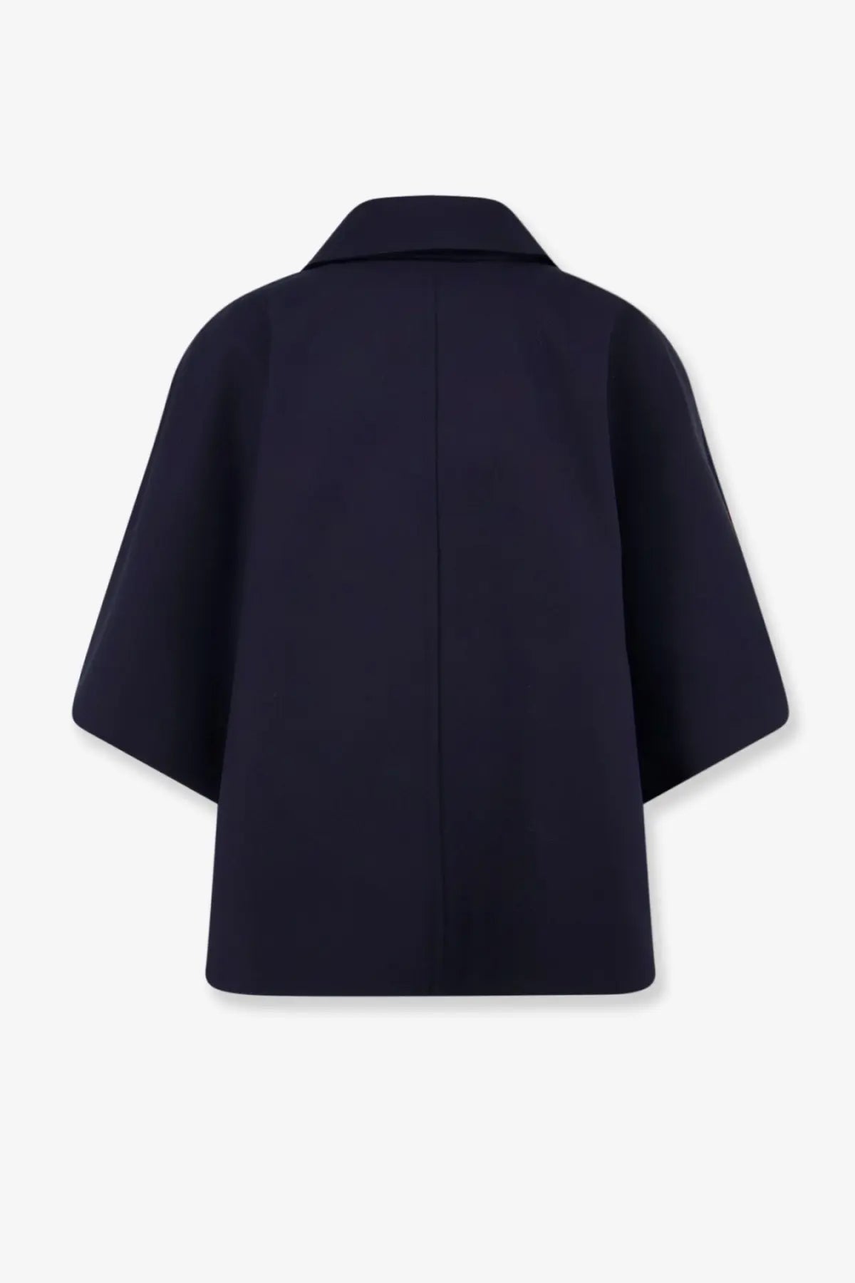 Max Mara women’s Mxapaggio cotton cape blue with a sleek navy blue color, structured collar, and wide flowing sleeves